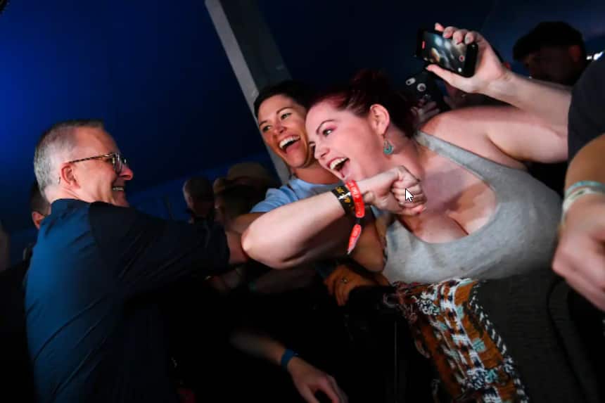Anthony Albanese and partner Jodie Haydon greet festival goers at the Byron Bay Bluesfest