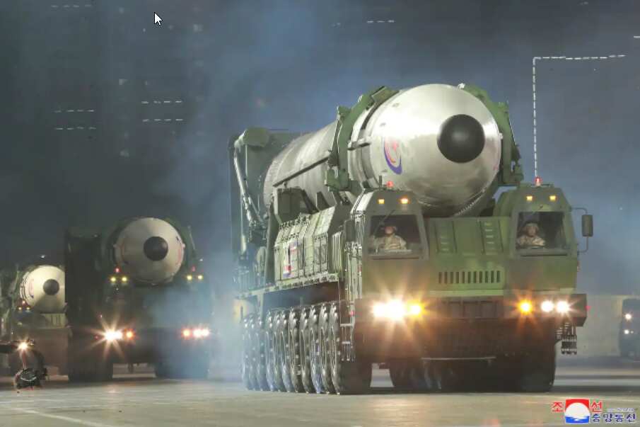 This photo shows what it says is a newly built intercontinental ballistic missile, the Hwasong-17 during a military parade.