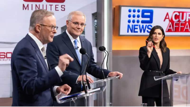 Australian Prime Minister Scott Morrison and Opposition leader Anthony Albanese during the second leaders' debate at Nine Studios in Sydney, Sunday, 8 May, 2022.