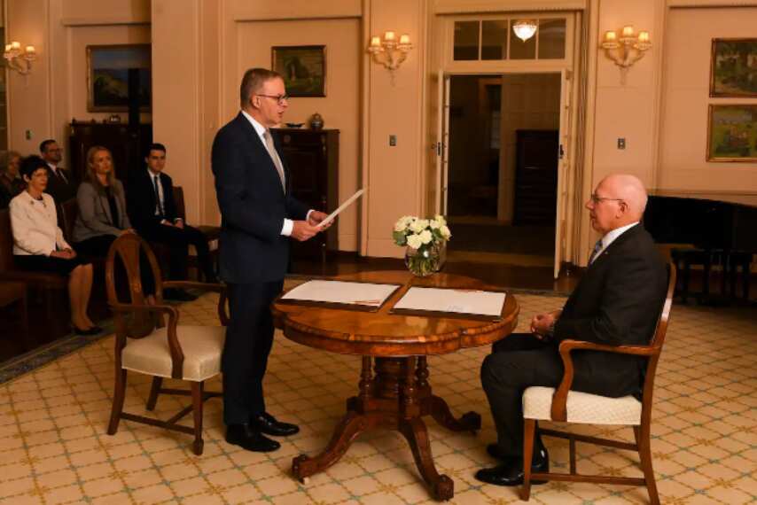 Prime Minister Anthony Albanese is sworn in by Australian Governor-General David Hurley during a ceremony at Government House in Canberra, on Monday, 23 May
