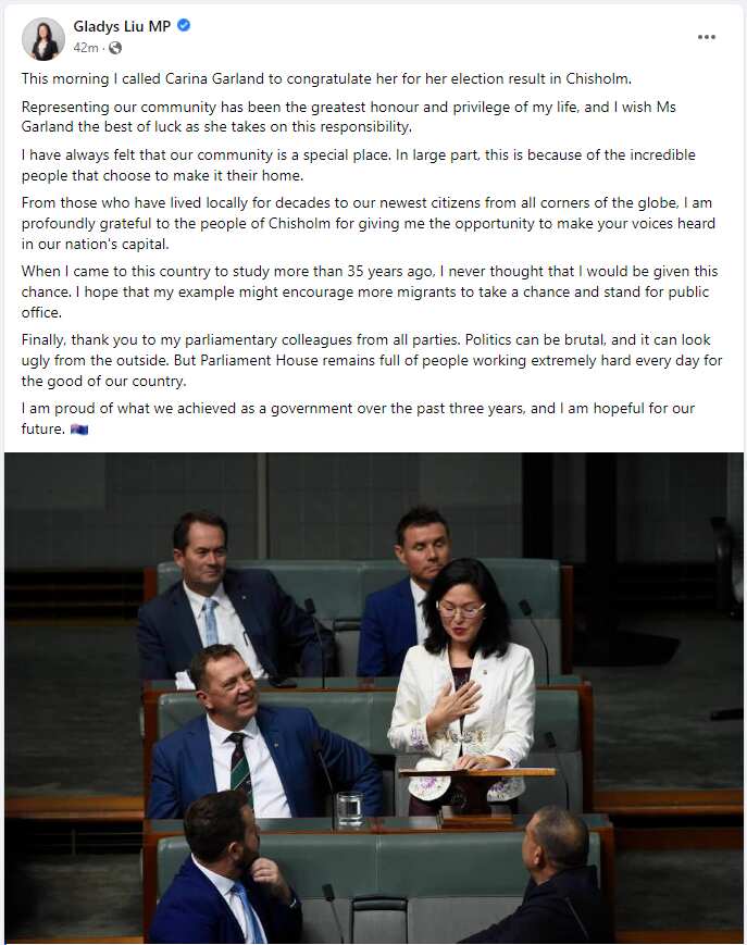 Gladys Liu congratulating Carina Garland on her election result.