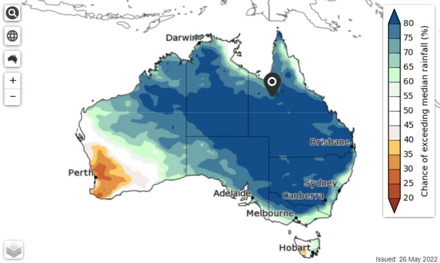 Rainfall - The chance of above median for June to August 2022