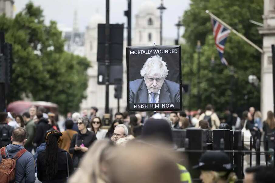 A protester in front of the UK parliament during the vote as no-confidence ballot against UK Prime Minister Boris Johnson