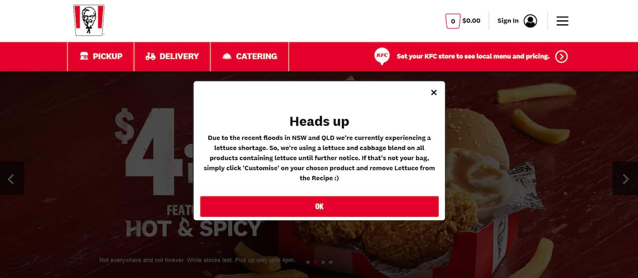 A notice on the KFC website
