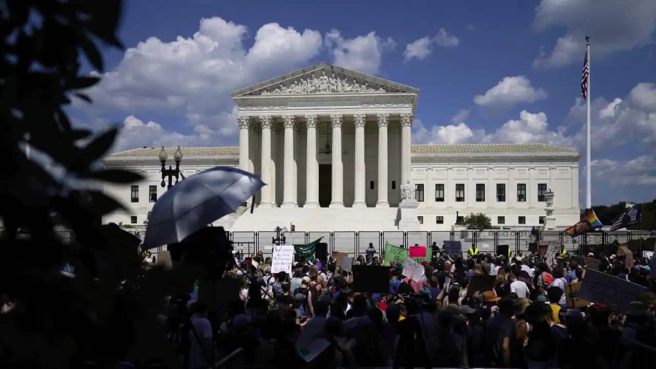 Protesters outside the Supreme Court in Washington DC. The US Supreme Court overturned the 1973 case of Roe v Wade that guaranteed federal abortion rights.