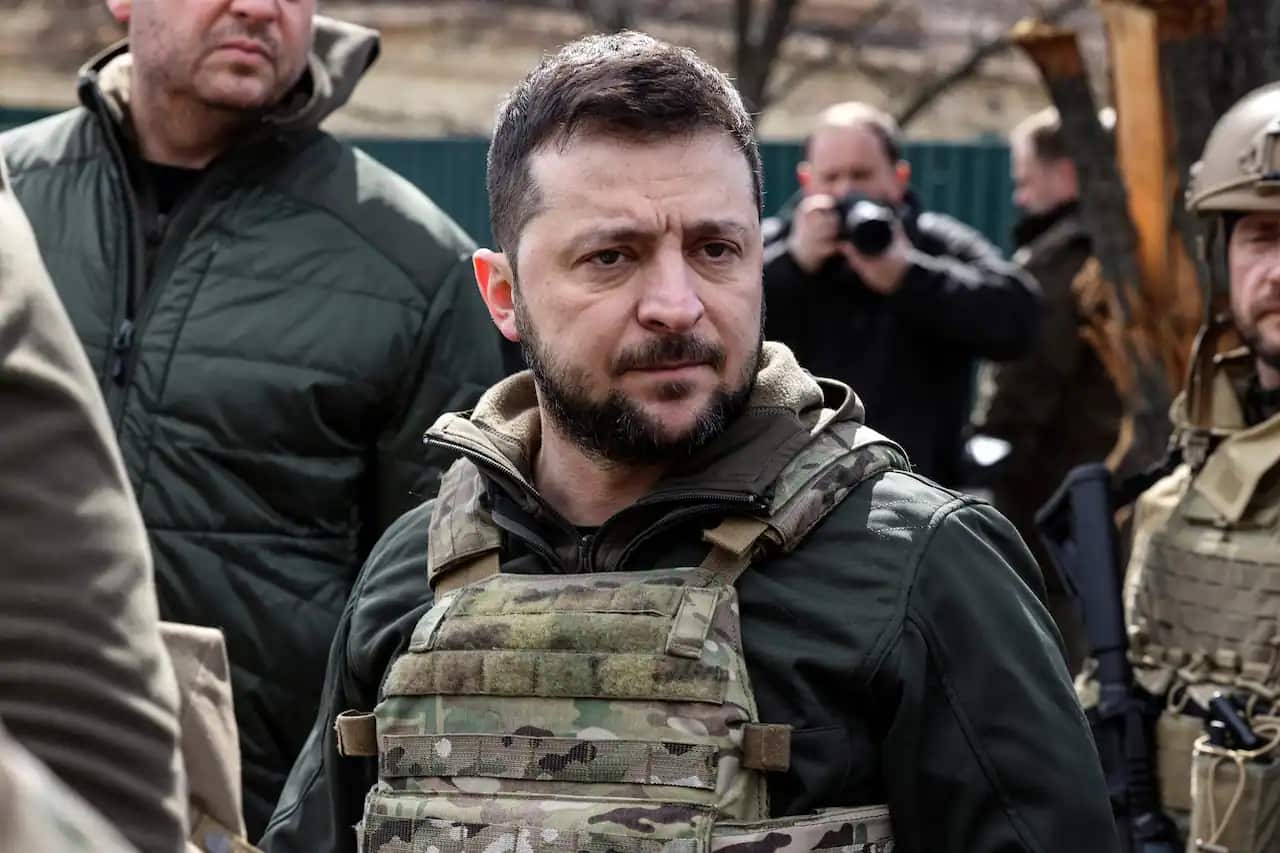 Ukrainian President Volodymyr Zelenskyy in Bucha, northwest of the Ukrainian capital Kyiv.