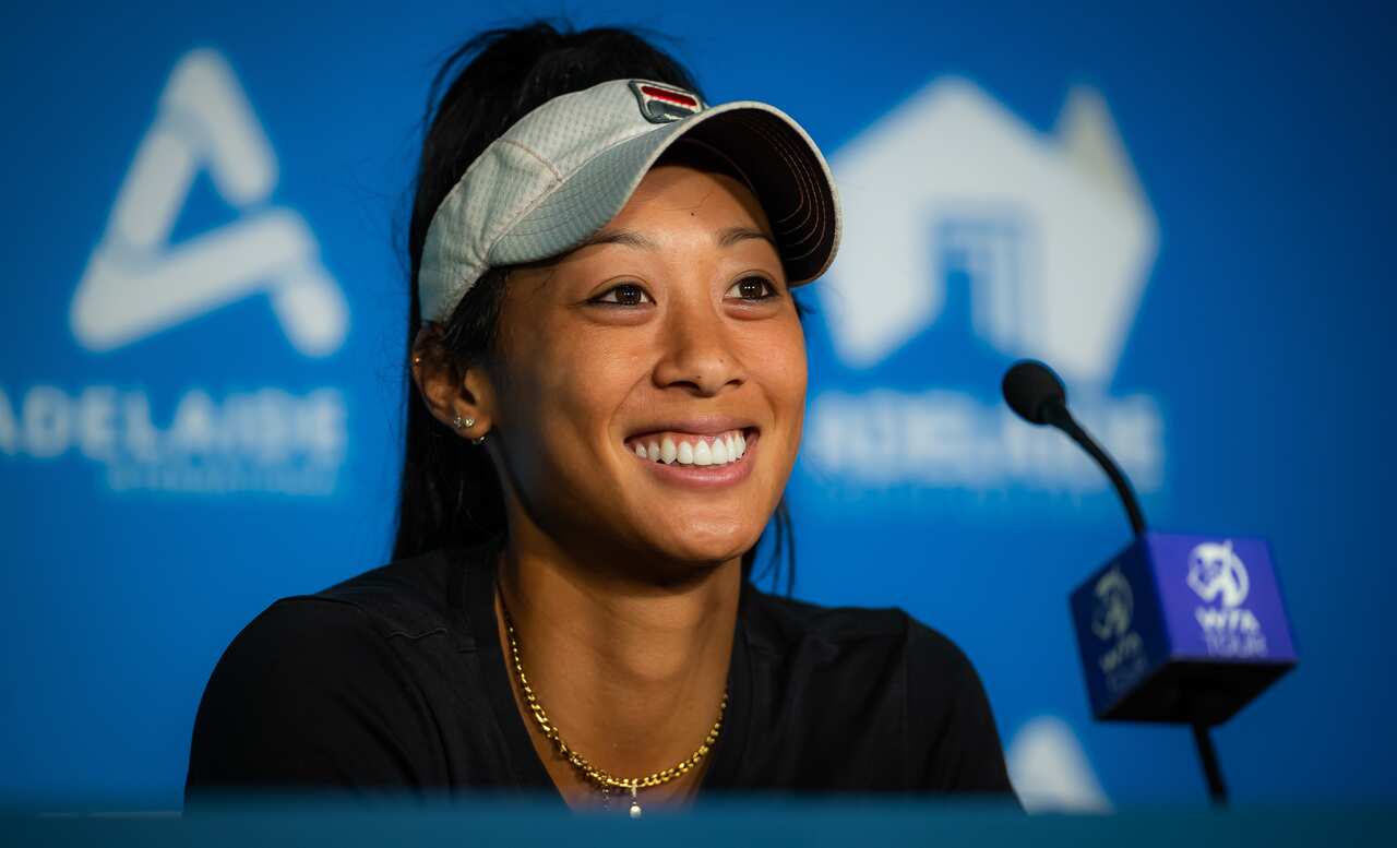 Priscilla Hon talking to the media during the Adelaide International after taking down Petra Kvitova in three sets. 