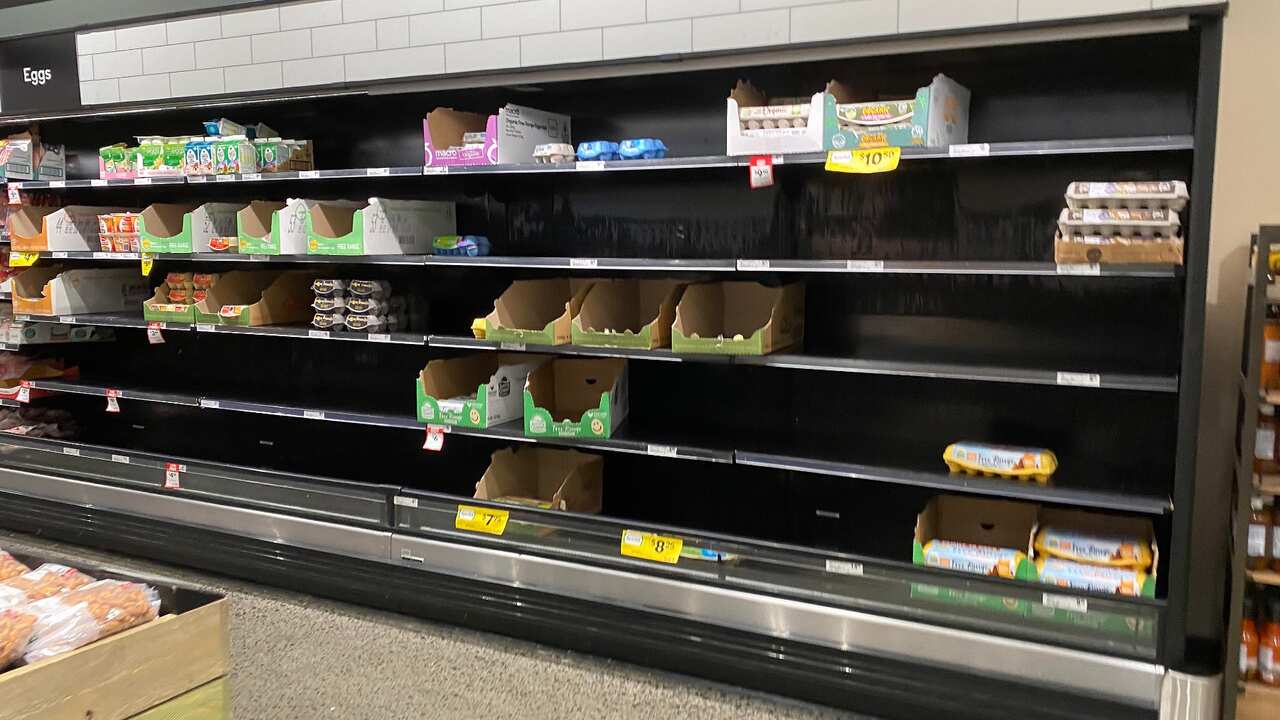 Empty shelves of eggs are seen at a supermarket in Sydney, Friday, January 7, 2022.