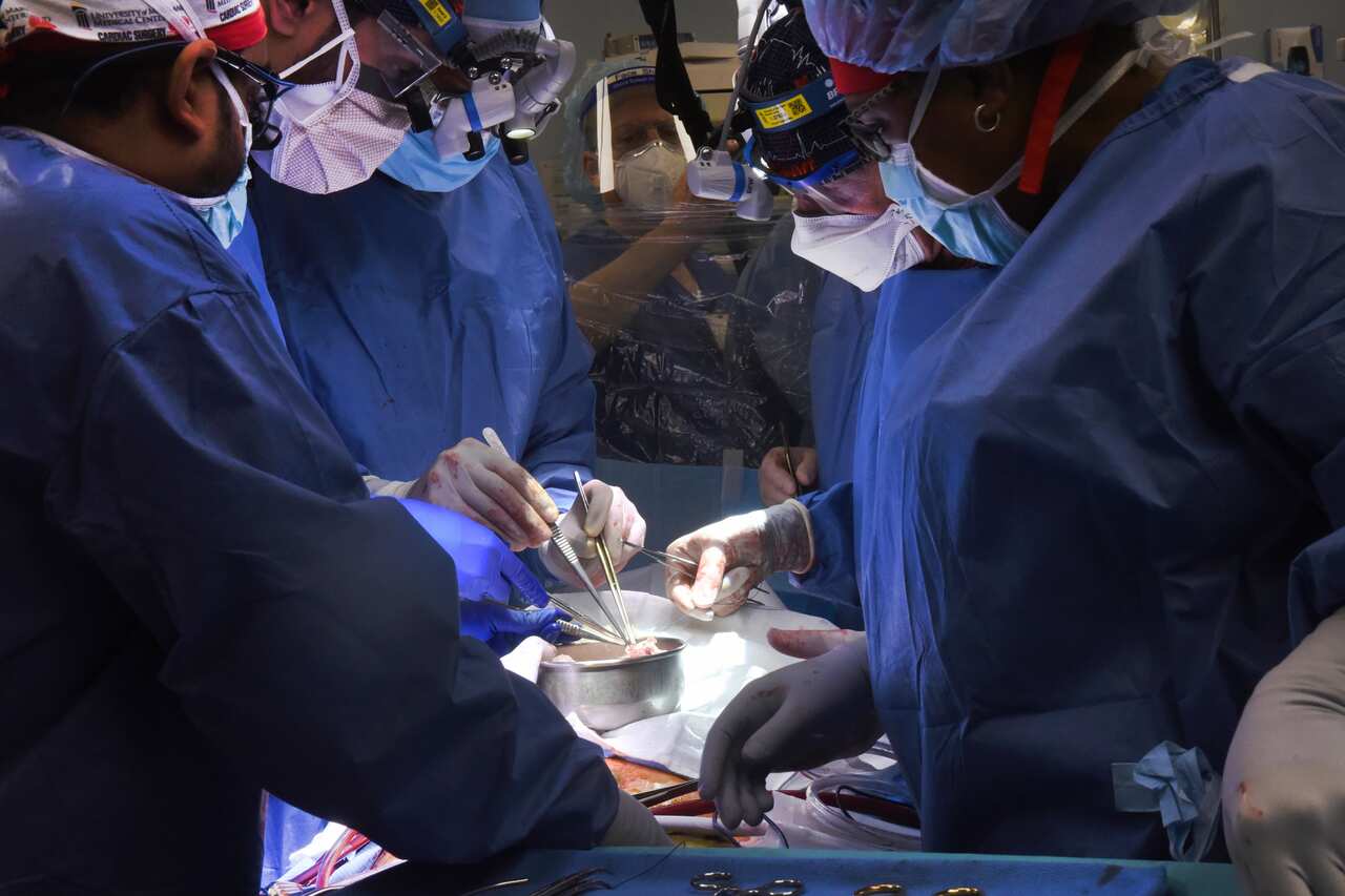 In this photo provided by the University of Maryland School of Medicine, members of the surgical team perform the transplant of a pig heart into patient David Bennett in Baltimore on Friday, Jan. 7, 2022. On Monday, Jan. 10, 2022 the hospital said that he