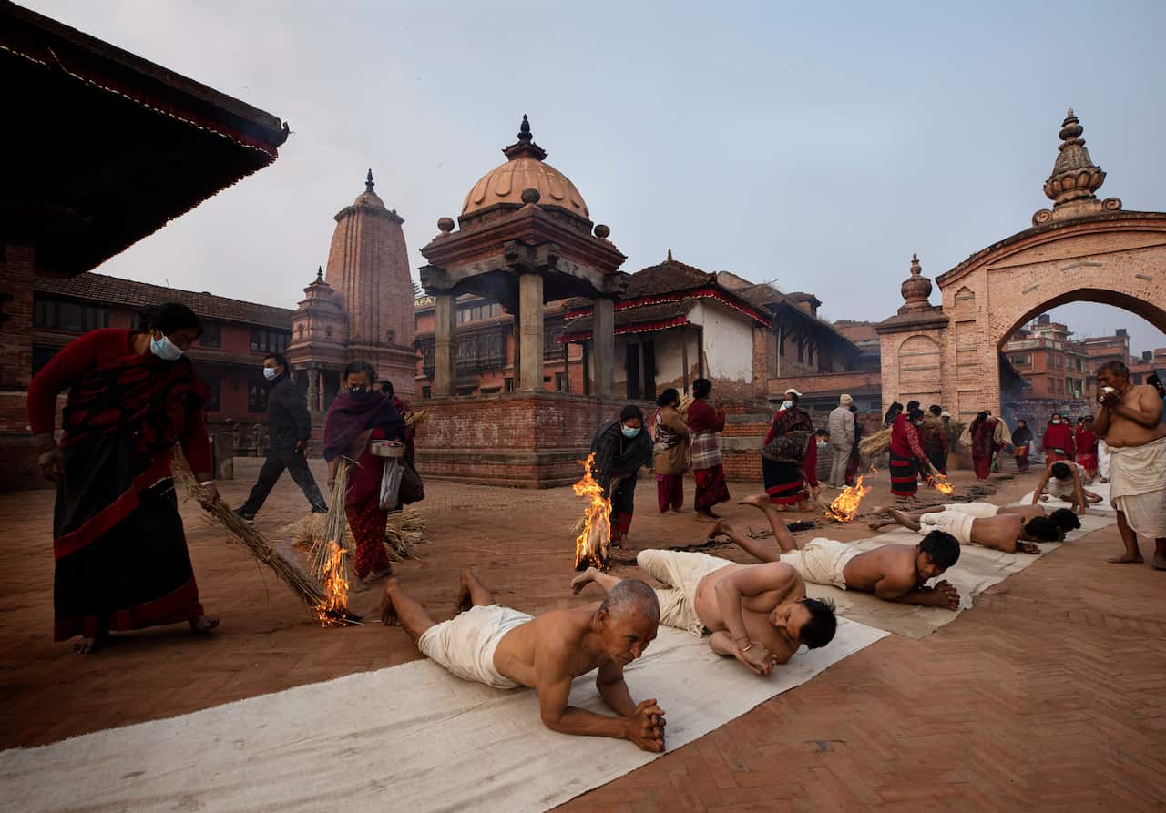 The Madhav Narayan festival is devoted to religious fasting, holy bathing, and the study of the Swasthani book, a chapter or story of which is read each evening by priests or heads of households to the gathered family. Thousands of married women and dozen