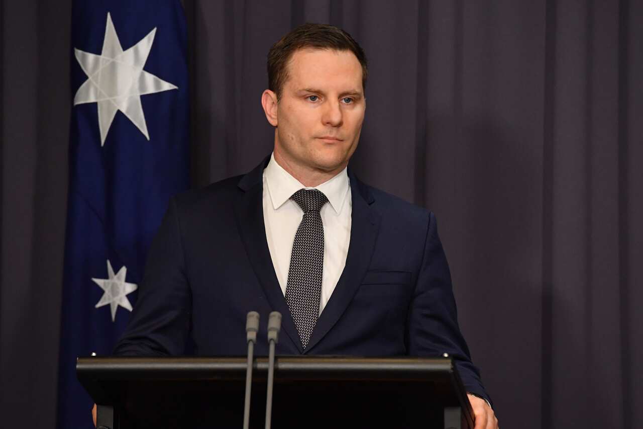 Minister for Immigration Alex Hawke at a press conference at Parliament House in Canberra, Wednesday, February 16, 2022. (AAP Image/Mick Tsikas) NO ARCHIVING