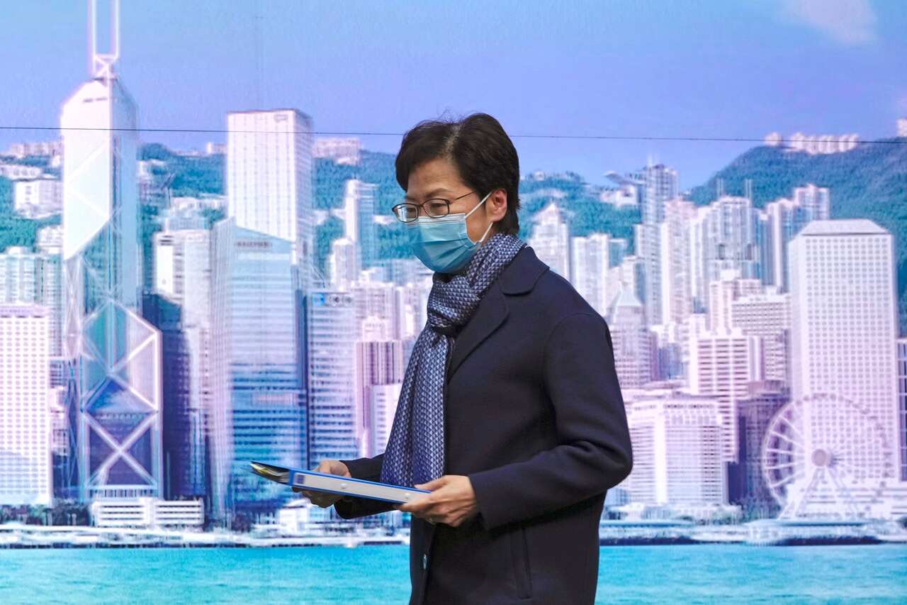 Hong Kong Chief Executive Carrie Lam attends a news conference in Hong Kong, Feb. 18, 2022.