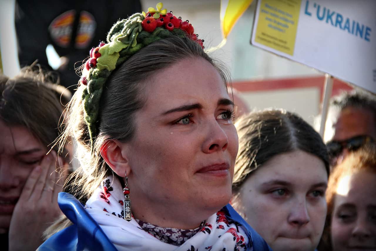 Thousands of people gathered in support of the Ukrainian people and to condemn Russia's invasion of Ukraine. Lyon, France on February 27, 2022. Photo by Mathis Boussuge/ABACAPRESS.COM