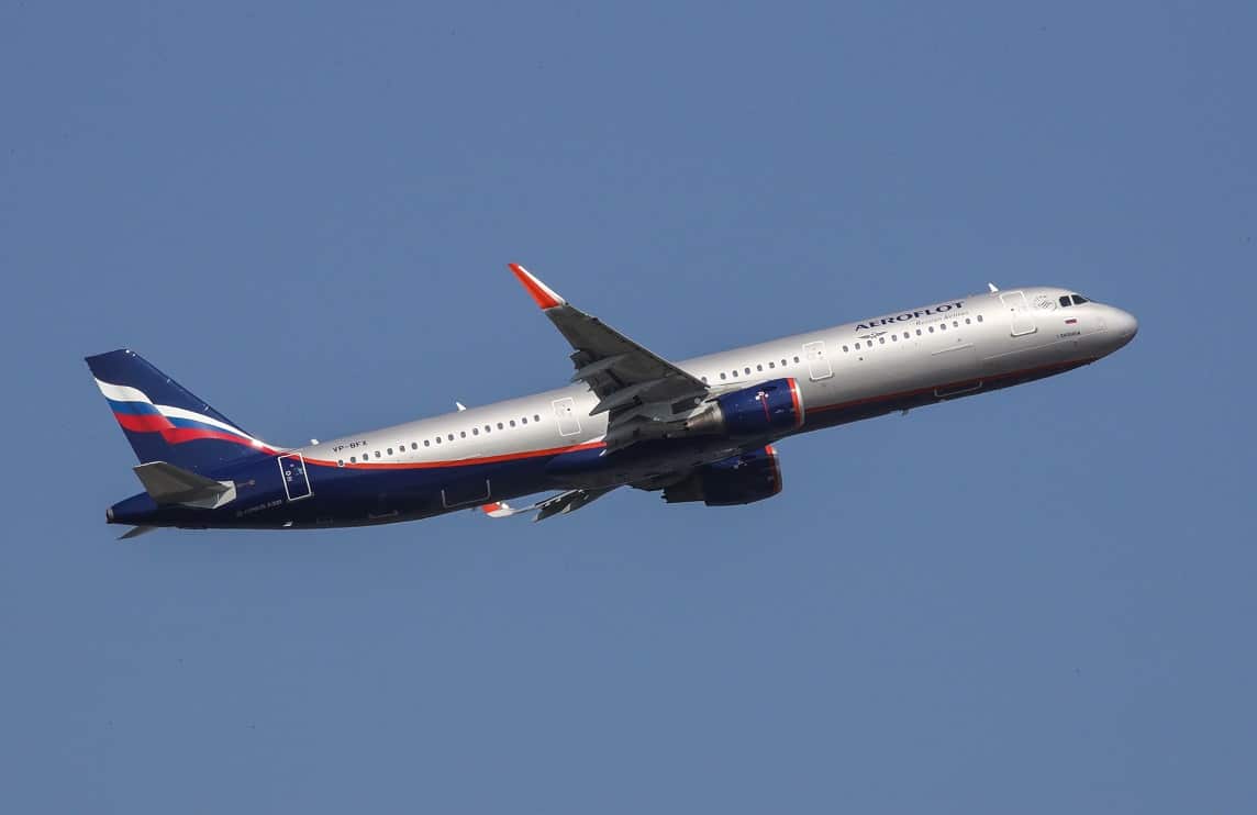 An Airbus A-321 airplane of Russian company 'Aeroflot' takes off at the Frankfurt International airport, Germany