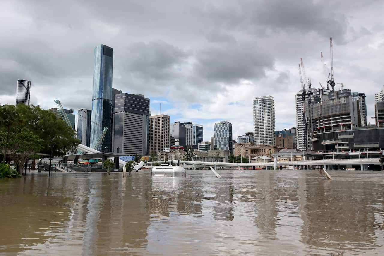 Flooded scenes from Southbank, in Brisbane, Monday, February 28, 2022. Queensland's southeast is set to endure more wild weather as the state grapples with a days-long flood crisis. (AAP Image/Jono Searle) NO ARCHIVING