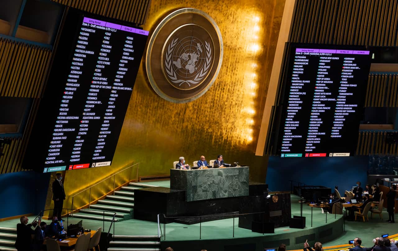 epa09796867 Screens show voting results on a resolution condemning Russias invasion of Ukraine during the 11th emergency special session of the United Nations General Assembly at United Nations headquarters in New York, New York, USA, 02 March 2022. The U
