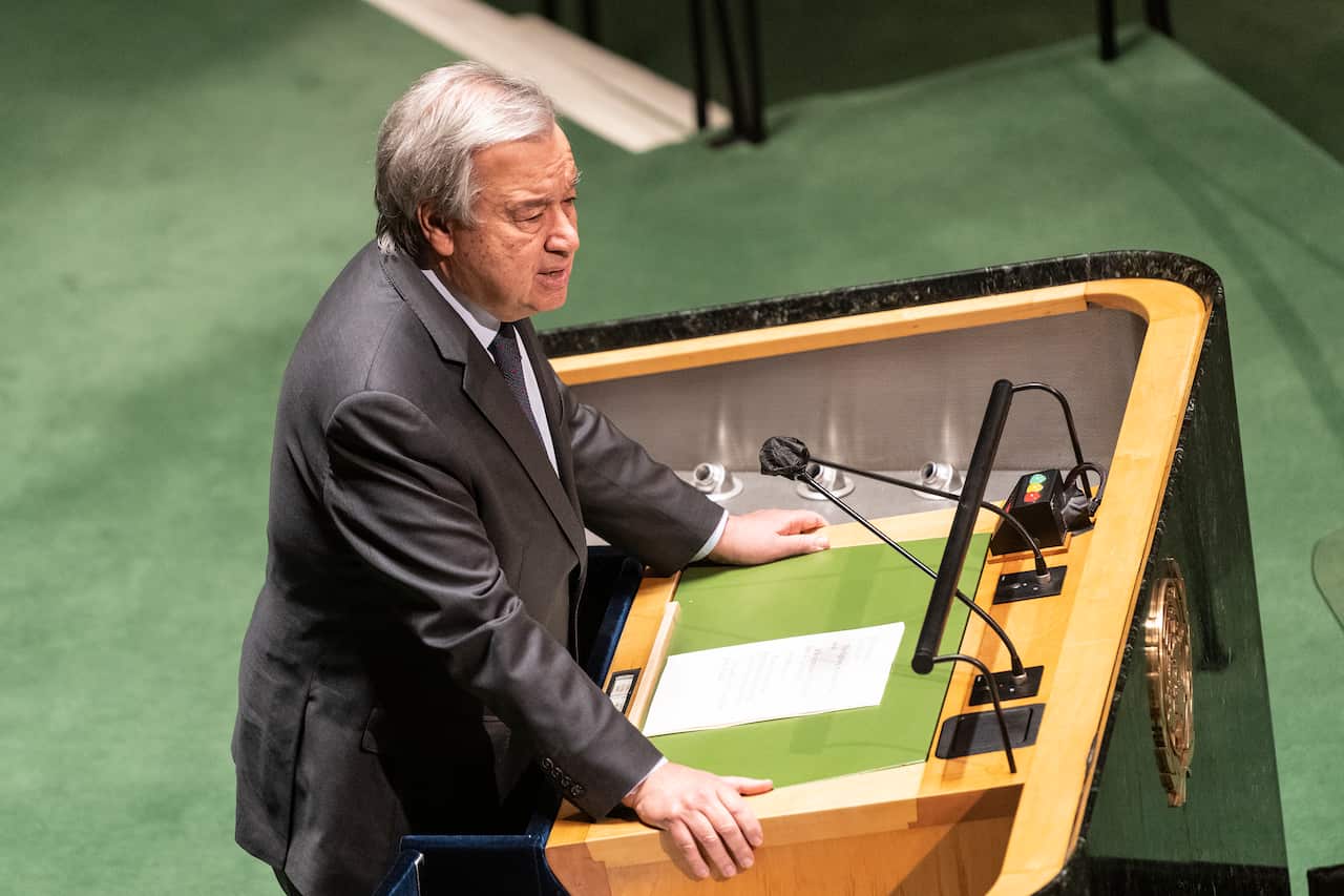 Secretary-General Antonio Guterres speaks at General Assembly emergency session on Ukraine at UN Headquarters in New York on February 28, 2022. All members of the UN will discuss the situation in Ukraine after Russia invades it and vote on resolution expe