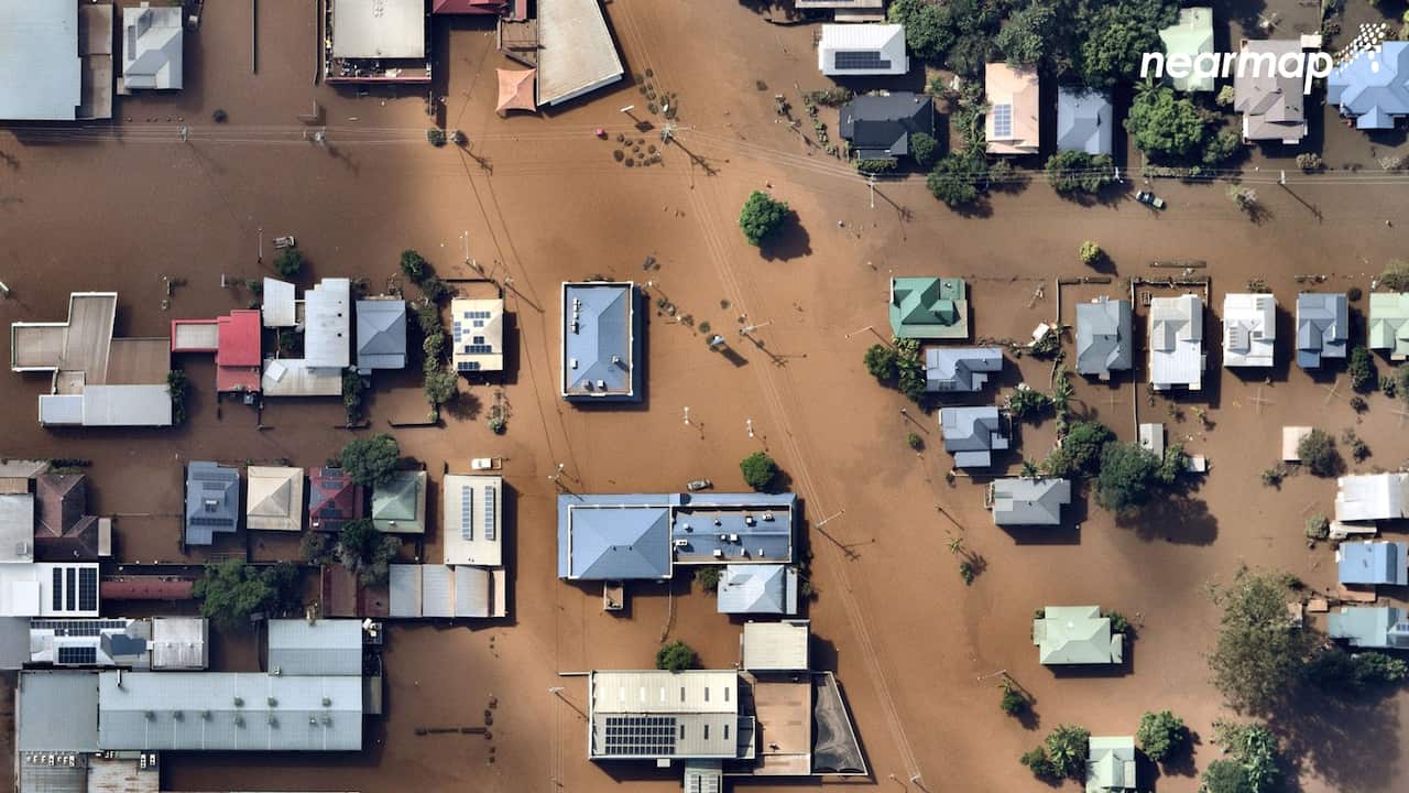 Supplied aerial imagery by Nearmap obtained on Thursday, March 3, 2022, of flood waters in Lismore, northern New South Wales, (AAP Image/Supplied by AERIAL IMAGERY BY NEARMAP) NO ARCHIVING, EDITORIAL USE ONLY