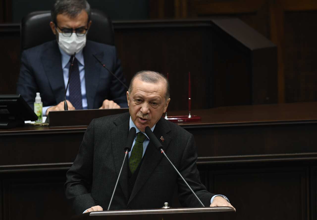 Turkish President and leader of the Justice and Development Party (AK Party), Recep Tayyip Erdogan delivers a speech during the parliamentary group meeting at the Grand National Assembly of Turkey in Ankara, on March 9, 2022. Photo by Depo Photos/ABACAPRE