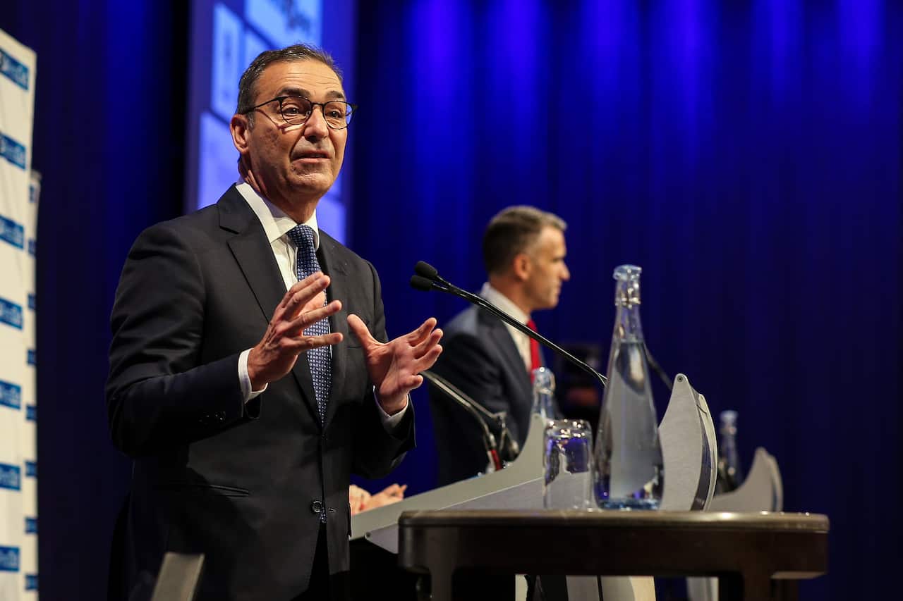 SA Premier Steven Marshall and SA Opposition Leader Peter Malinauskas during a leaders debate at the South Australia Press Club in Adelaide, Thursday, March 10, 2022. (AAP Image/Matt Turner) NO ARCHIVING