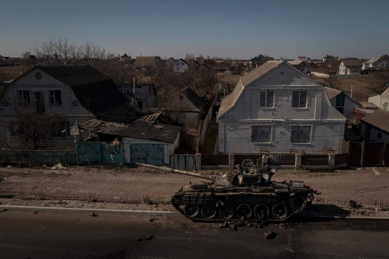 between Ukrainian and Russian forces on a main road near Brovary, north of Kyiv, Ukraine, Thursday, March 10, 2022. (AP Photo/Felipe Dana)