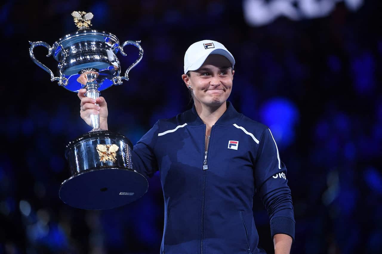 Ashleigh Barty (AUS) lifts the trophy as she won the women final at the 2022 Australian Open at Melbourne Park in Melbourne