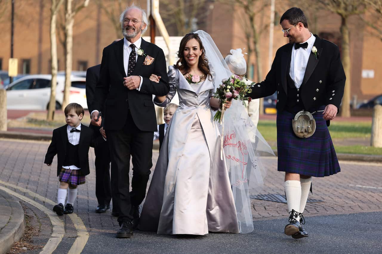 23/03/2022. London, UK. Bride STELLA MORIS is seen leaving HM Prison Belmarsh following her wedding to Wikileaks founder Julian Assange at Belmarsh Prison in Thamesmead, East London. The couple, who met when Assange was living in the Ecuadorian embassy in