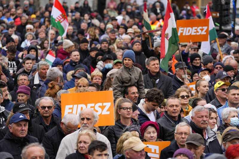 Supporters of the FIDESZ party attend the closing campaign session, to listen to a speech of Hungarian Prime Minister Viktor Orban in Szekesfehervar, Hungary 