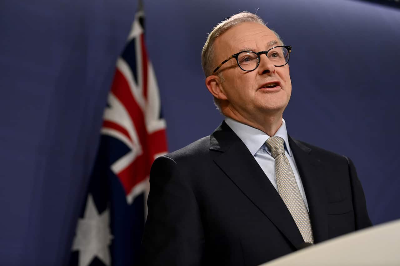 Leader of the Opposition Anthony Albanese speaks to the media during a press conference at the Commonwealth Parliamentary Offices in Sydney, Sunday, April 10, 2022.
