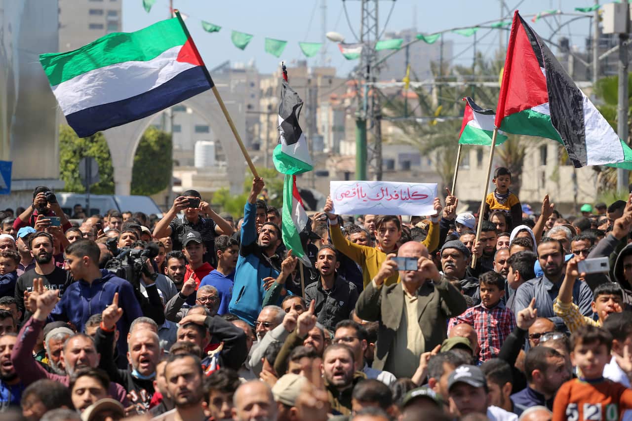 Palestinians take part during the demonstration. Palestinians protest against the Israeli policemen who attacked the Palestinians offering their prayers at Al-Aqsa mosque in the Old city of Jerusalem. Al-Aqsa mosque (Photo by Ahmed Zakot / SOPA Images/Sip