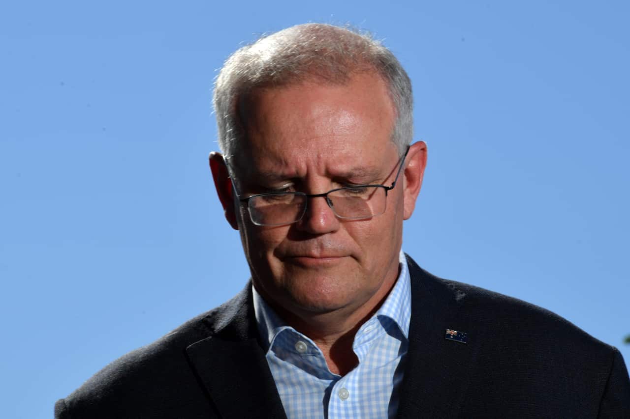 Prime Minister Scott Morrison at a press conference on Day 6 of the 2022 federal election campaign, in Melbourne. Saturday, April 16, 2022. (AAP Image/Mick Tsikas) NO ARCHIVING