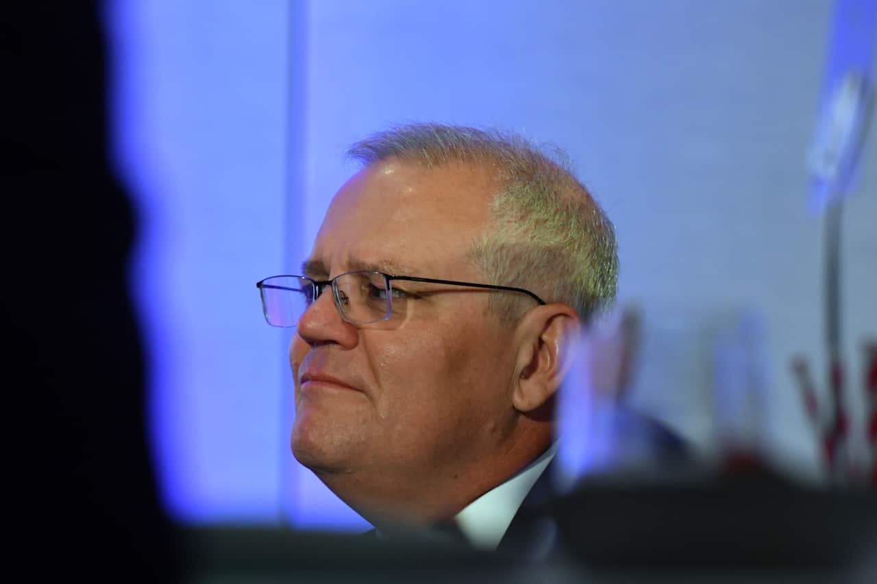 Prime Minister Scott Morrison speaks at the West Australian Chamber of Minerals and Energy at the Perth Convention Centre on Day 9 of the 2022 federal election campaign, in Perth. Tuesday, April 19, 2022. (AAP Image/Mick Tsikas) NO ARCHIVING