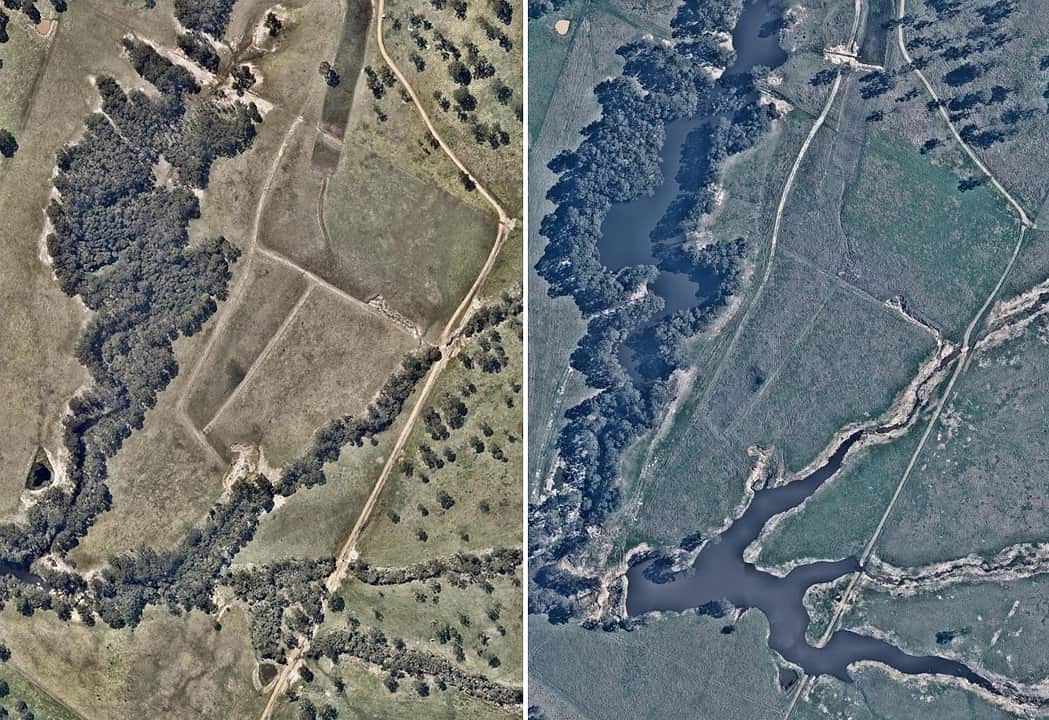 an aerial view of land near the Great Lakes Marine Park on the mid-NSW coast on (left) Sunday, October 4, 2015 and (right) Wednesday, October 5, 2016.