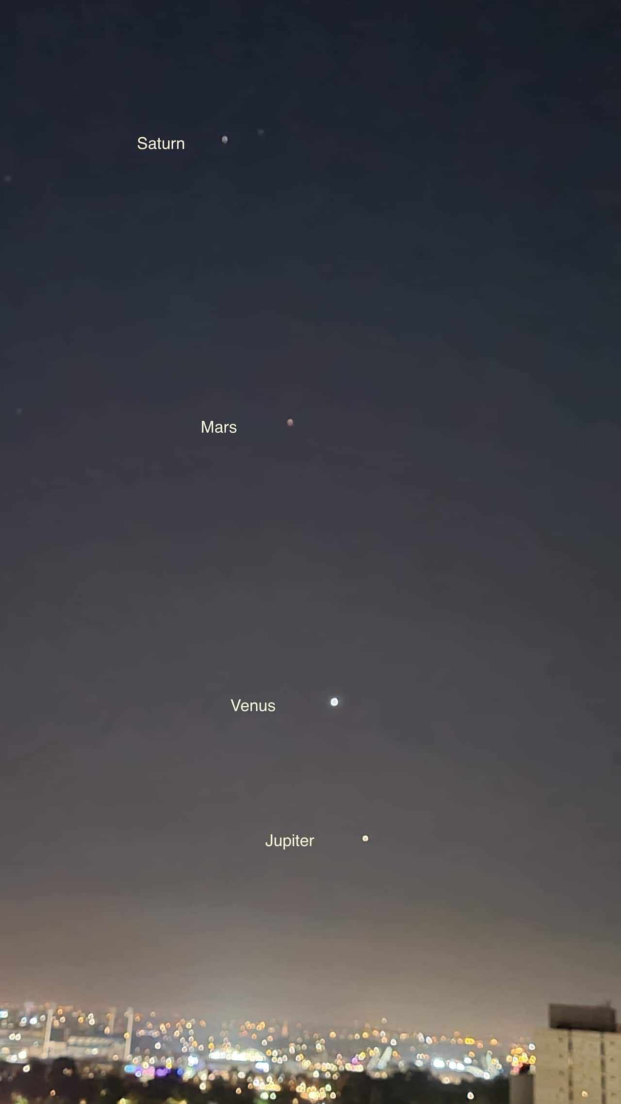 Aligned four planets Saturn, Mars, Venus and Jupiter