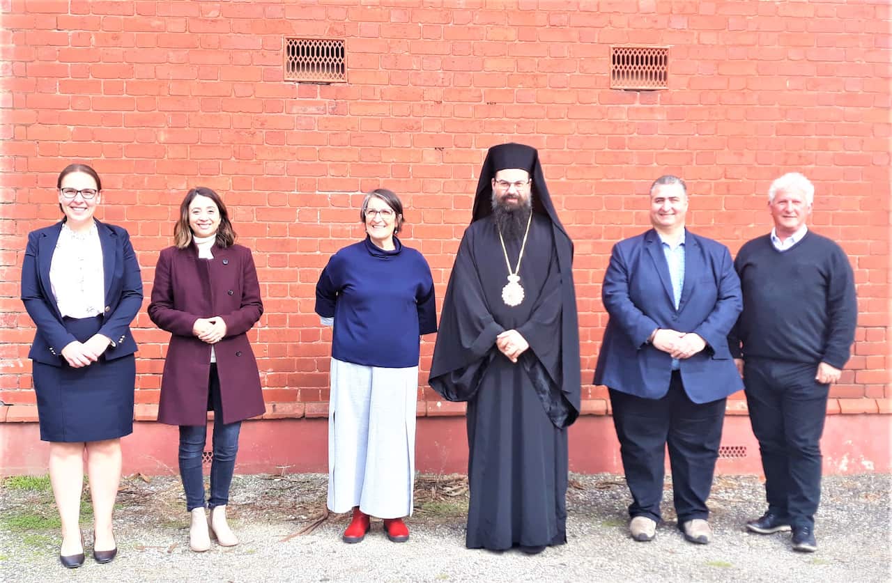 Emily Demetriades, Kat Theophanous, Maria Vamvakinou, Bishop Evmenios, Lee Tarlamis, Arthur Andronas at the Axion Esti Monastery, Northcote, Melbourne. 