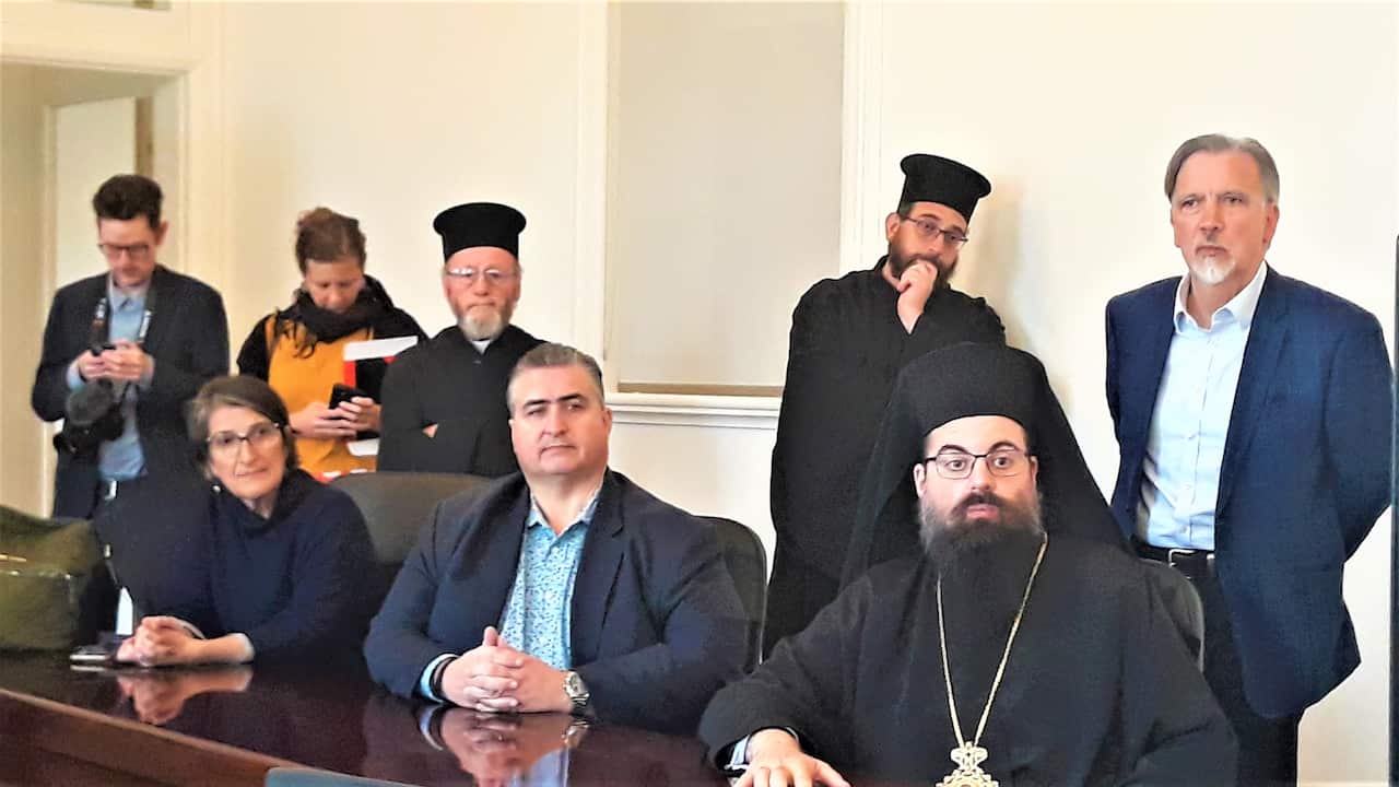 Maria Vamvakinou, Lee Tarlamis, Bishop Evmenios, John Tatoulis at the Axion Esti Monastery, Northcote, Melbourne. 