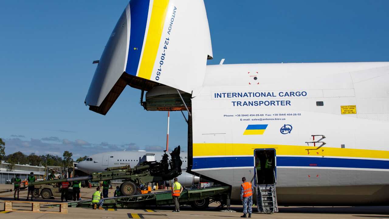 An Australian Government-donated M777 155mm lightweight towed howitzer bound for Ukraine is loaded onto an Antonov AN-124 cargo aircraft at RAAF Base Amberley in Queensland