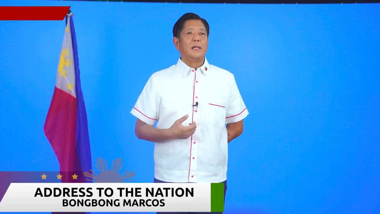 In this image from video posted on the Bongbong Marcos Facebook page, presidential candidate and former senator Ferdinand Marcos Jr. issues a statement to the media on Monday, May 9, 2022 in Manila, Philippines. 