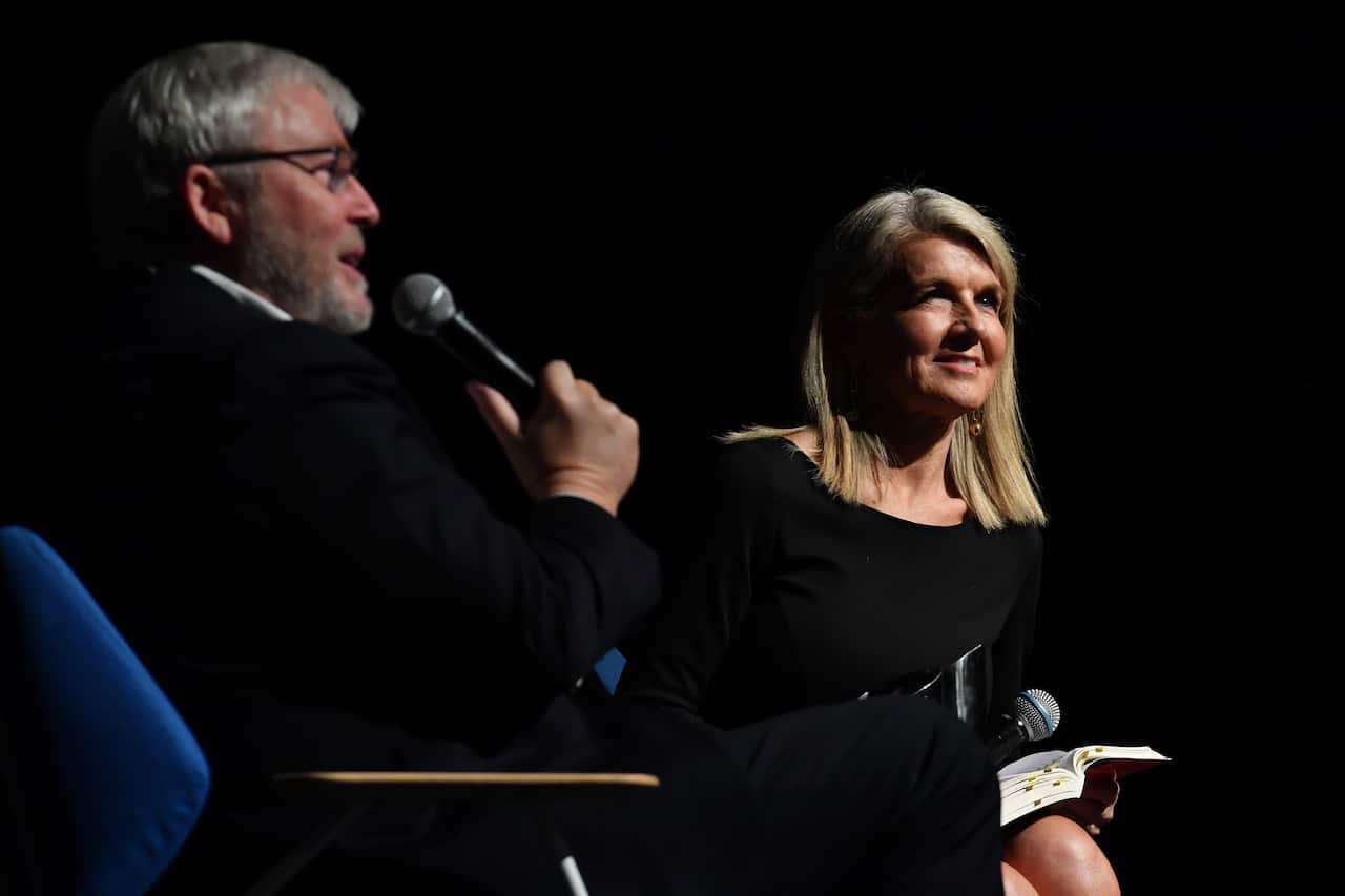 Former prime minister Kevin Rudd and Former foreign minister and current Chancellor of the ANU Julie Bishop in conversation at the Australian National University in Canberra, Wednesday, May 11, 2022. Mr Rudd and Ms Bishop were discussing his new book The 