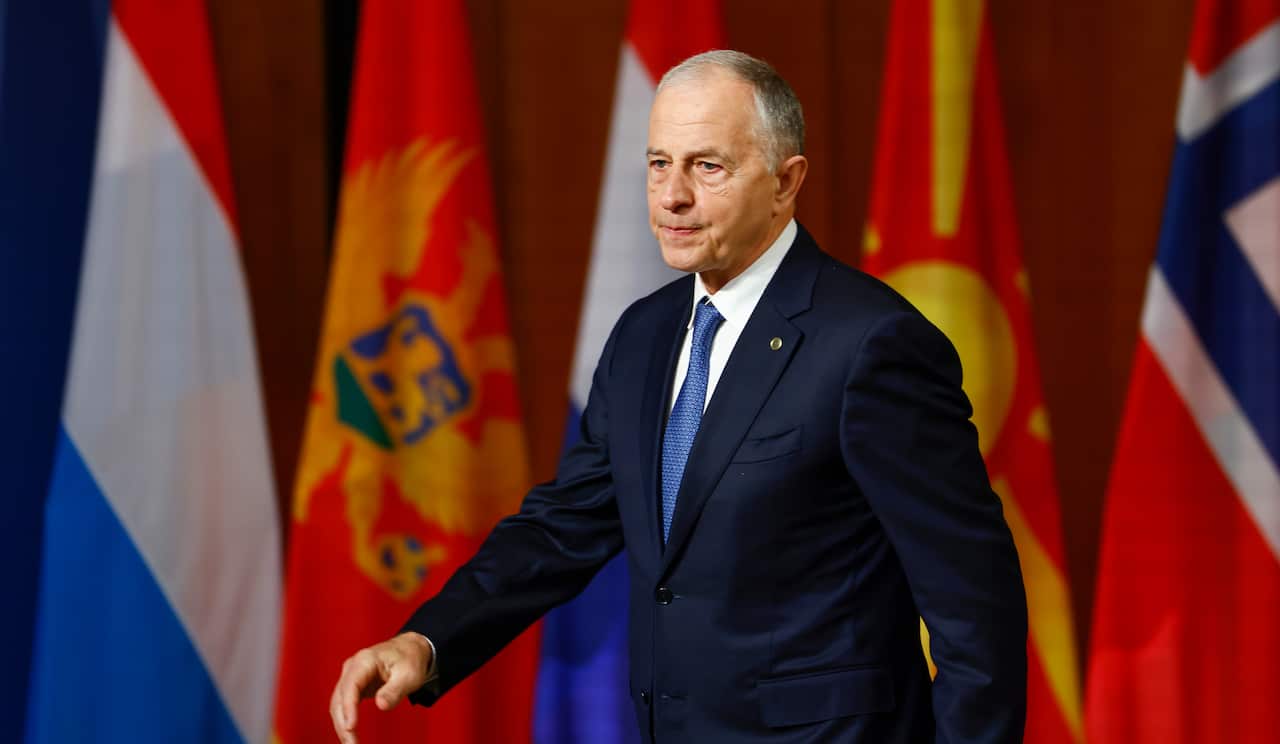 Mircea Geoana, Nato's deputy secretary-general, arrives for an informal meeting of NATO members states foreign ministers in Berlin, Germany, 15 May 2022.