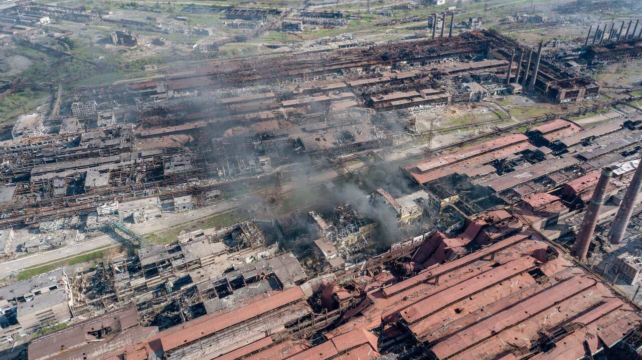 A view of the Azovstal Iron and Steel Works damaged in shelling. 