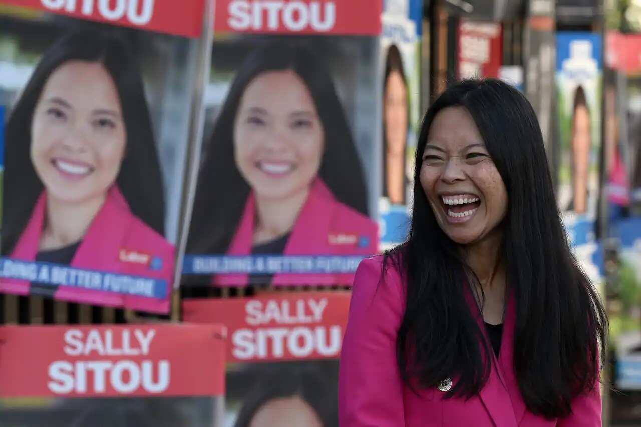 Labor candidate Sally Sitou at the Strathfield North Public School polling booth on Federal Election day, in the seat of Reid, Sydney.