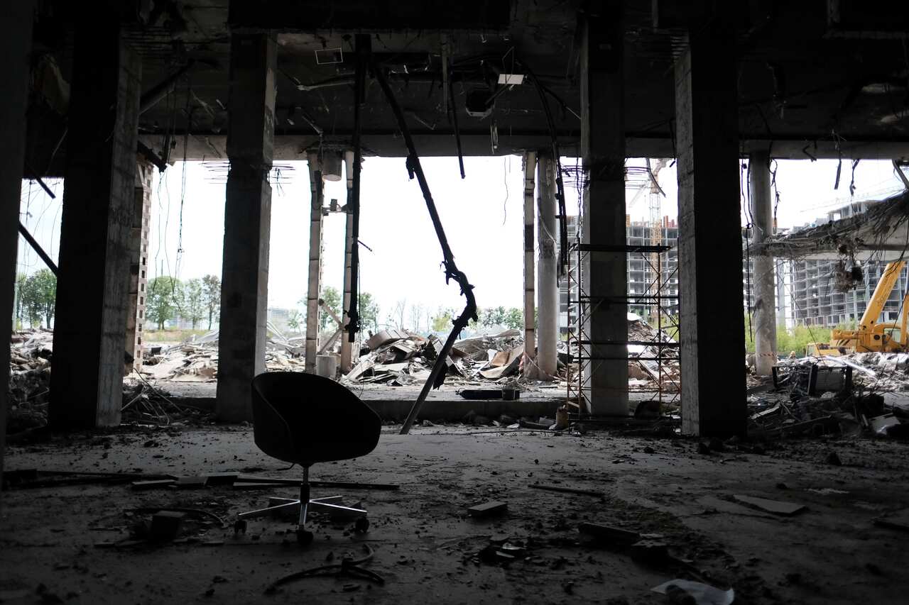 The shopping mall destroyed by the Russian invasion attack is still being cleaned up in Kyiv on May 20, 2022, almost three months since the invasion. ( The Yomiuri Shimbun via AP Images )