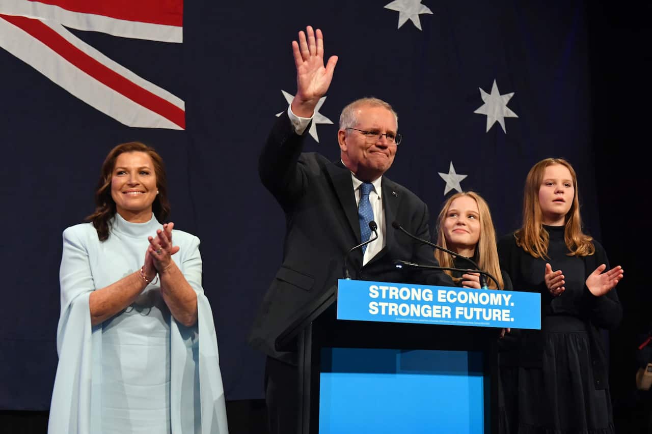 Prime Minister Scott Morrison, wife Jenny and daughters Lily and Abbey concede defeat at the function centre for the 2022 Federal Election, at the Federal Liberal Reception at The Fullerton Hotel, Sydney, Saturday, May 21, 2022. More than 17 million Austr