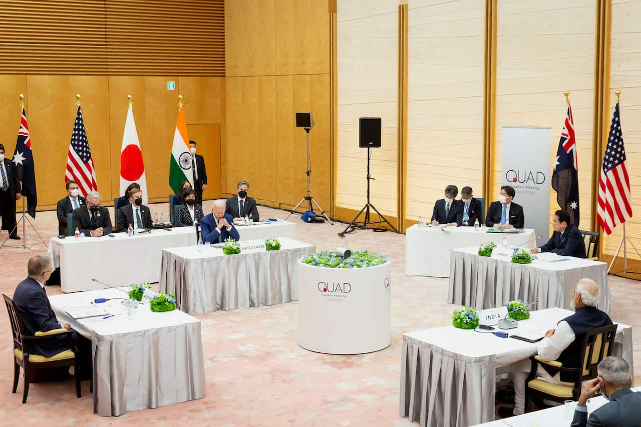 TOKYO, JAPAN - MAY 24: (LR) Australian Prime Minister Anthony Albanese, U.S. President Joe Biden, Japanese  Prime Minister Fumio Kishida and Indian Prime Minister Narendra Modi attend the QUAD leaders summit on May 24, 2022 in Tokyo, Japan.