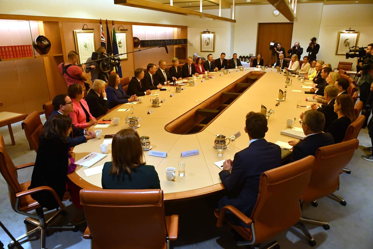 Prime Minister Anthony Albanese meets with his ministry in the Cabinet Room at Parliament House in Canberra, Wednesday, June 1, 2022. (AAP Image/Mick Tsikas) NO ARCHIVING