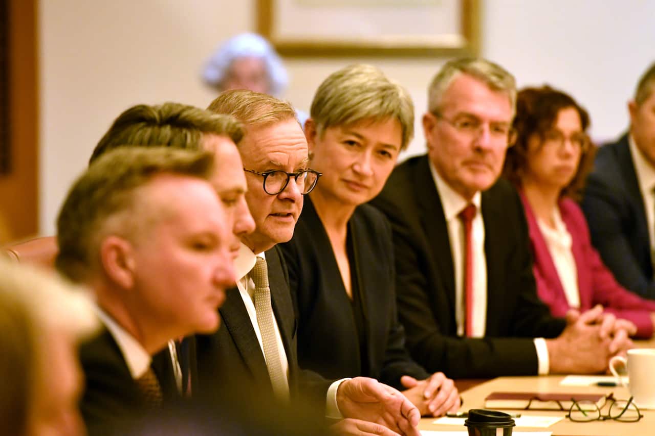 Prime Minister Anthony Albanese meets with his ministry in the Cabinet Room at Parliament House in Canberra, Wednesday, June 1, 2022. (AAP Image/Mick Tsikas) NO ARCHIVING