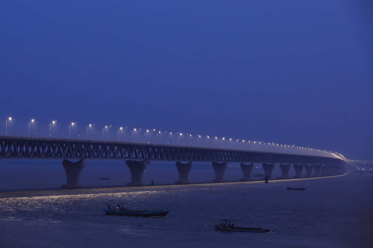General view of the Padma bridge lighting at Munshiganj area in Dhaka. 