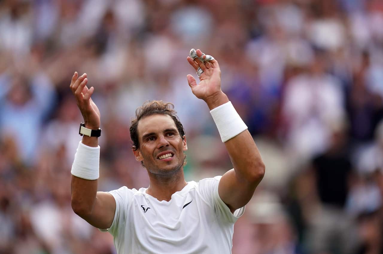 File photo dated 06-07-2022 of Rafael Nadal celebrates victory over Taylor Fritz. Rafael Nadal has announced he has withdrawn from Wimbledon due to injury, handing Nick Kyrgios a walkover into Sundays mens singles final. Issue date: Thursday July 7, 2022.
