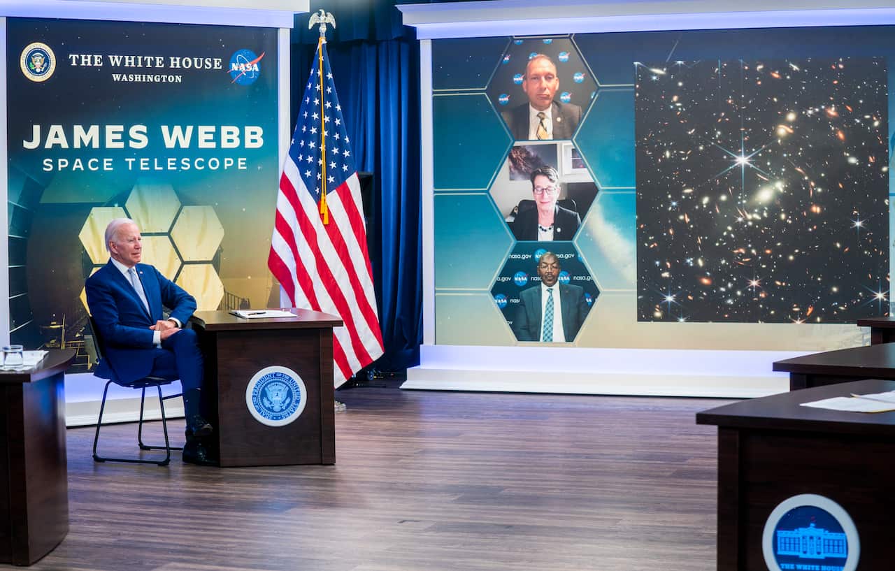 US President Joe Biden during a briefing from National Aeronautics and Space Administration officials about the first images from the Webb Space Telescope.